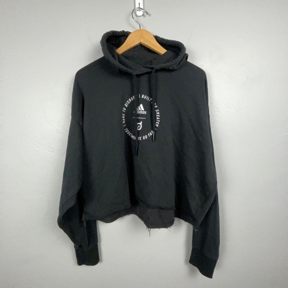 Adidas Hoodie Women L Black Peloton Graphic Raw Hem Cropped Long Sleeve Cycling